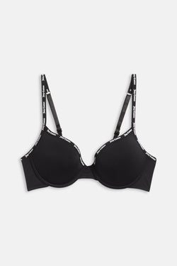 Displays the Black 'juicy' branded Strap Underwire Microfibre Bra