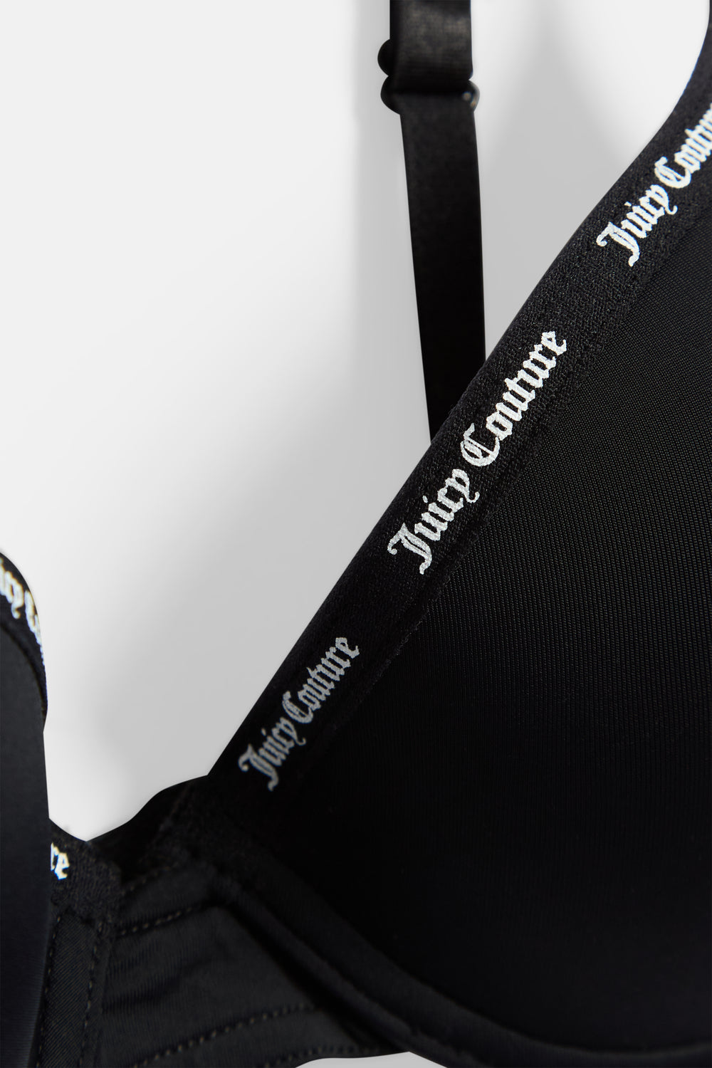 Displays the Black 'juicy' branded Strap Underwire Microfibre Bra featuring the details on the juicy Couture branding 