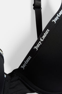 Displays the Black 'juicy' branded Strap Underwire Microfibre Bra featuring the details on the juicy Couture branding 