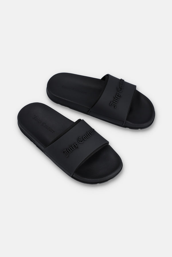 Displays a pair of the Black 'Juicy' branded embossed sliders 