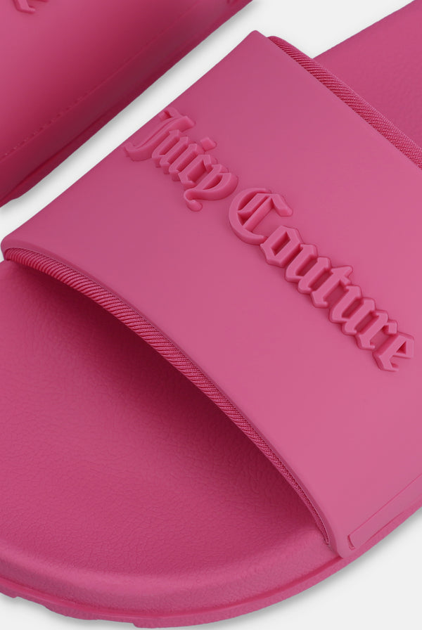 Displays the Pink Peacock 'Juicy' branded logo embossed slider featuring the juicy branding  