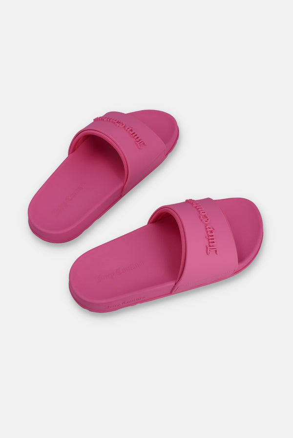 Displays a pair of the Pink Peacock 'Juicy' branded logo embossed sliders 