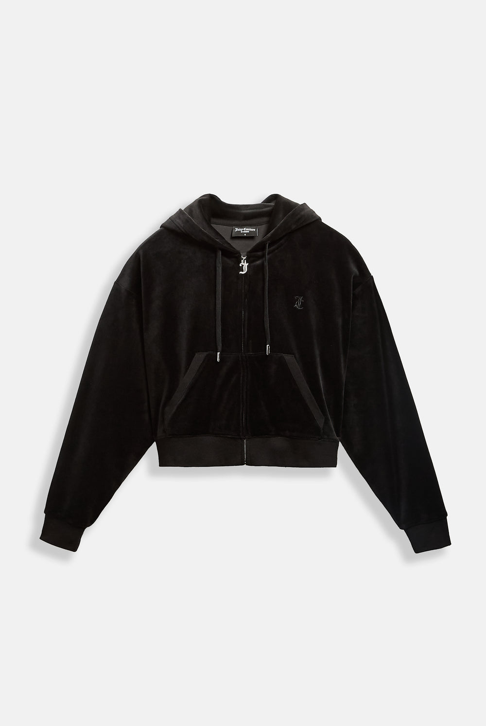 Displays the Black 'Juicy' branded crop oversized classic velour hoodie 