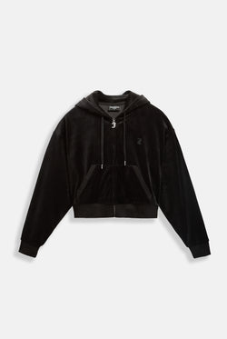 Displays the Black 'Juicy' branded crop oversized classic velour hoodie 