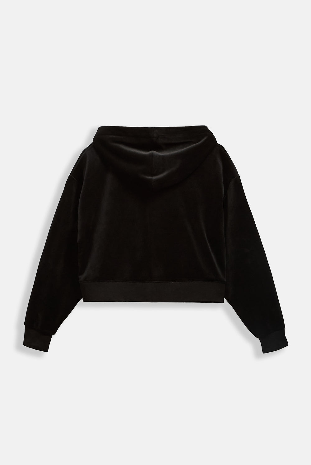Displays the Black 'Juicy' branded crop oversized classic velour hoodie 