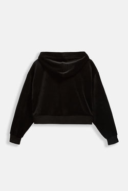 Displays the Black 'Juicy' branded crop oversized classic velour hoodie 