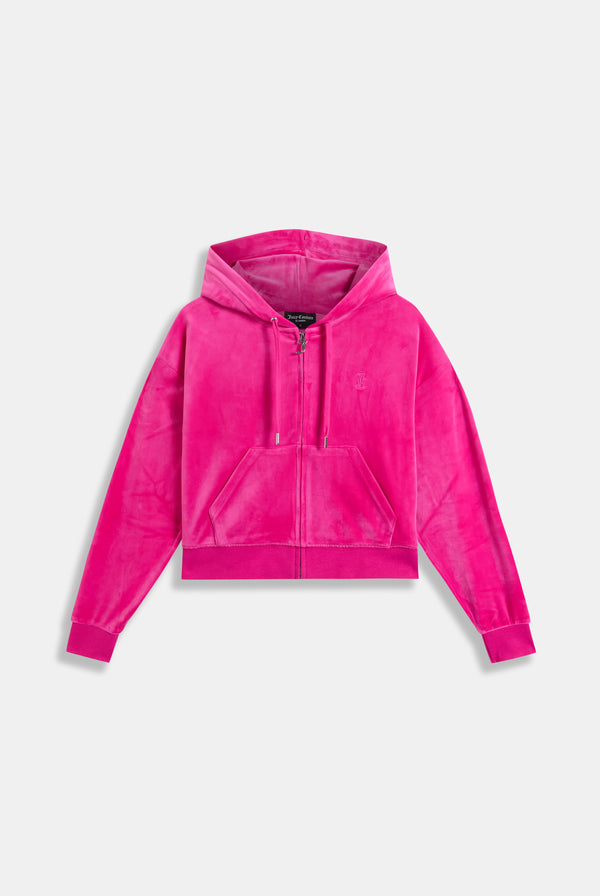 Displays the Nostalgia Pink 'Juicy' branded pink crop oversized classic velour hoodie 