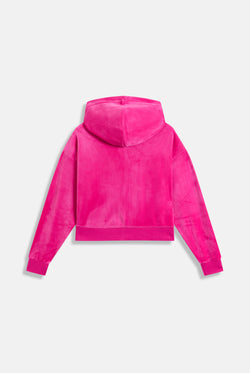 Displays the Nostalgia Pink 'Juicy' branded pink crop oversized classic velour hoodie 