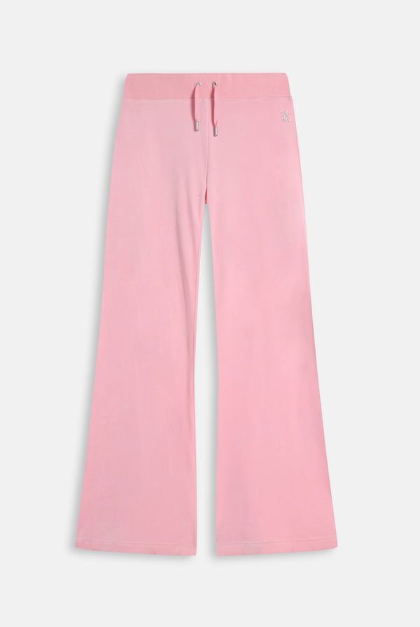 Displays the Juicy Pink 'Juicy' branded bridesmaid classic velour low rise track pants 