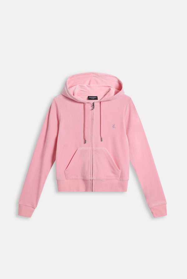 Displays the Juicy Pink 'Juicy' branded bridesmaid classic velour hoodie 