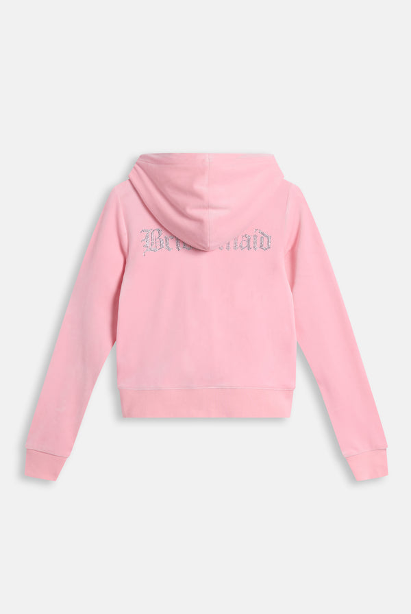Displays the Juicy Pink 'Juicy' branded bridesmaid classic velour hoodie 