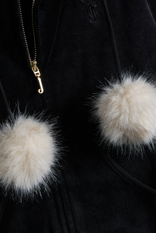 Displays the Black 'Juicy' branded Pom Pom faux fur bamboo velour hoodie 
