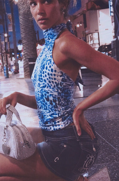 BLUE LEOPARD PRINT JERSEY HALTER NECK TOP