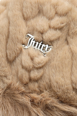 Displays the Warm Taupe 'Juicy' branded Cable Knit Trapper With Fur Lining featuring the juicy branding 