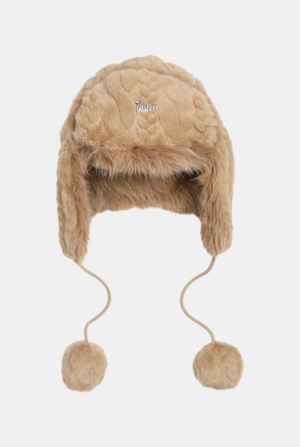 Displays the Warm Taupe 'Juicy' branded Cable Knit Trapper With Fur Lining