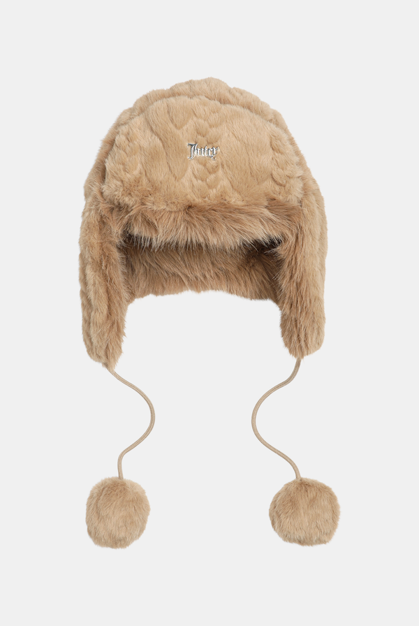 Warm Taupe Cable Knit Trapper With Fur Lining