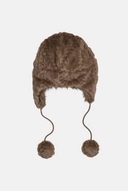 Displays the Java 'Juicy' branded Cable Knit Trapper With Fur Lining