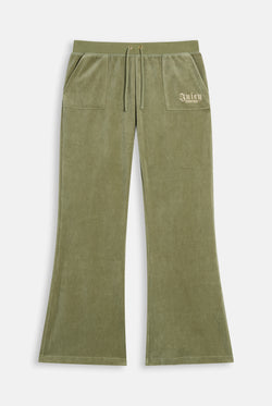 Displays the Oil Green 'Juicy' branded Regal Rebelle Caisa Ultra Low Rise Pant