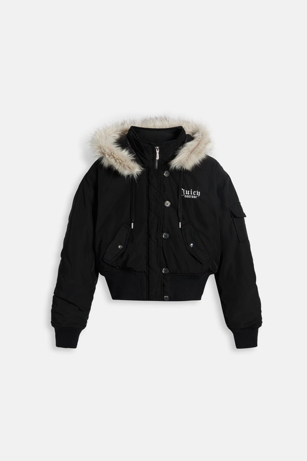 Displays the Black 'Juicy' branded Nylon Bomber