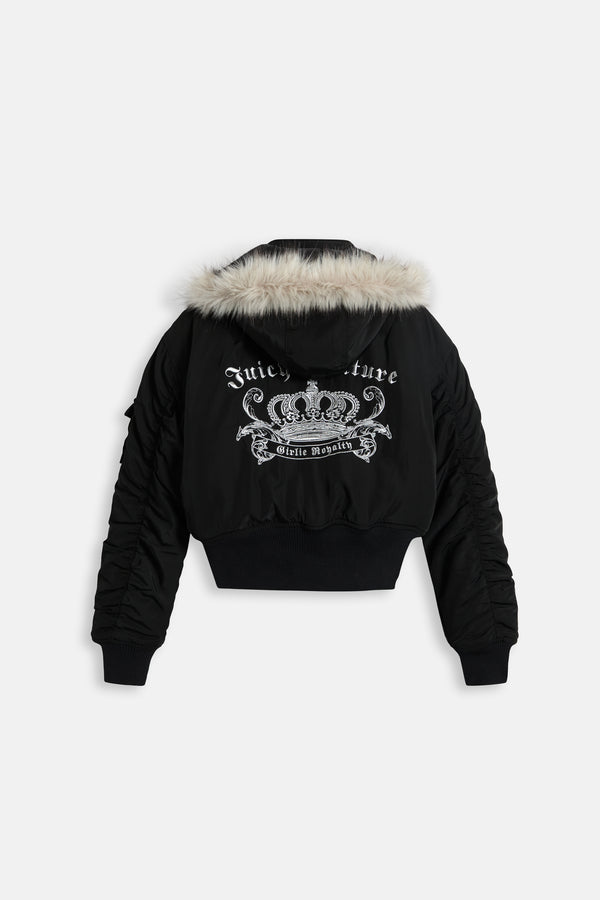 Displays the Black 'Juicy' branded Nylon Bomber