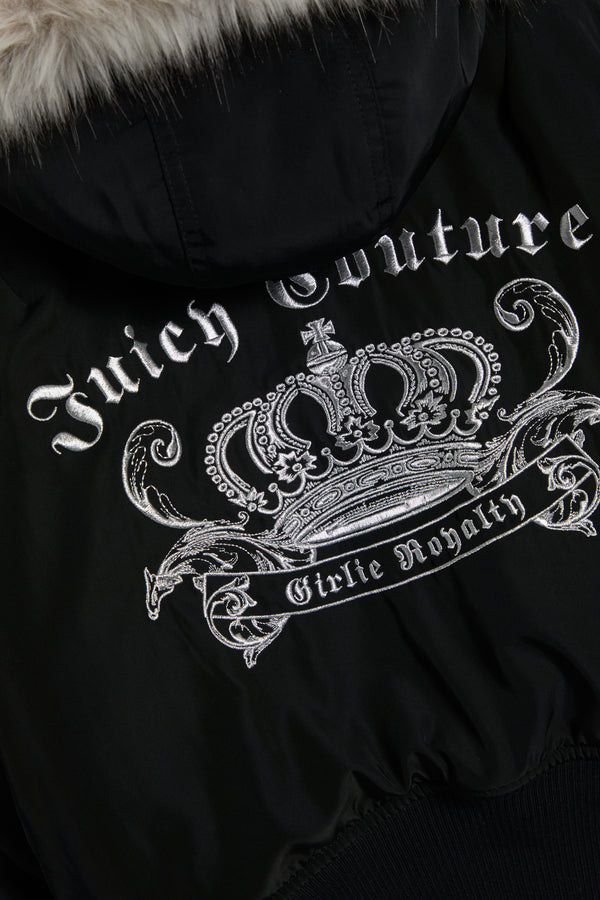 Displays the Black 'Juicy' branded Nylon Bomber featuring the juicy couture logo branding 
