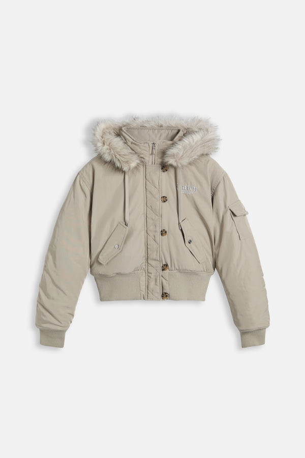String Fur Hooded Crown Bomber