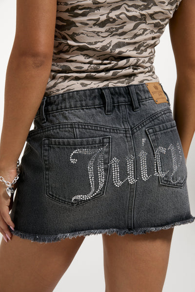 Washed Black Denim Diamanté Mini Skirt