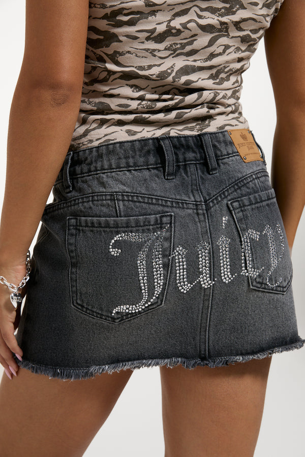 Washed Black Denim Diamanté Mini Skirt