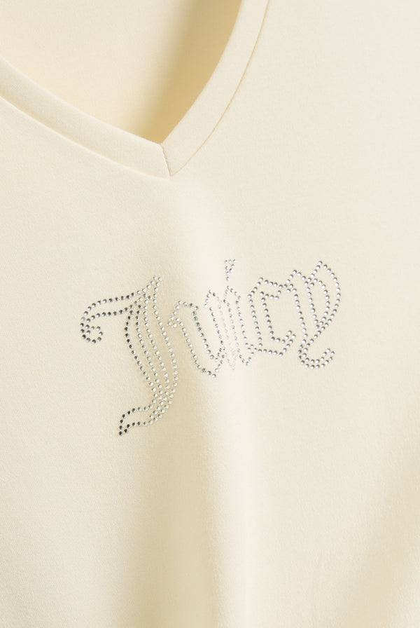 Displays the cream 'Juicy' branded diamanté V Neck T-Shirt featuring the juicy branding 