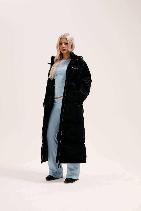 BLACK VELOUR LONGLINE PUFFA JACKET
