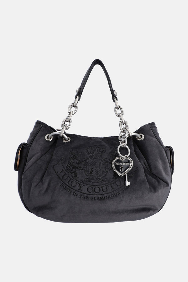 Grey Chain Handle Daydreamer Crest Velour Bag