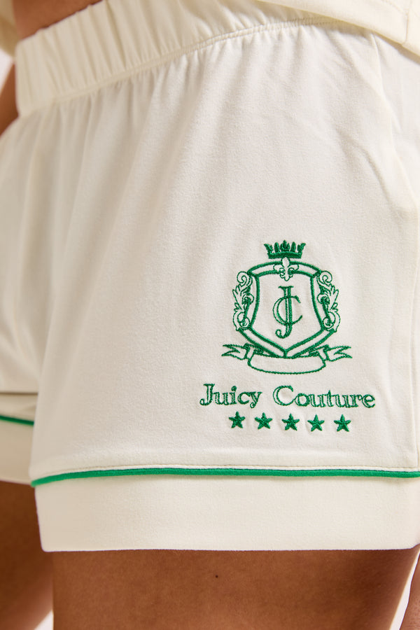 Displays the Marshmallow 'Juicy' Branded short sleeve pyjama set featuring the shorts