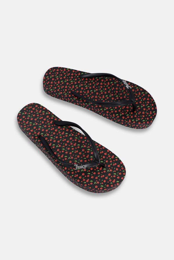 Displays a Black Cherry Print 'Juicy' branded platform flip flop