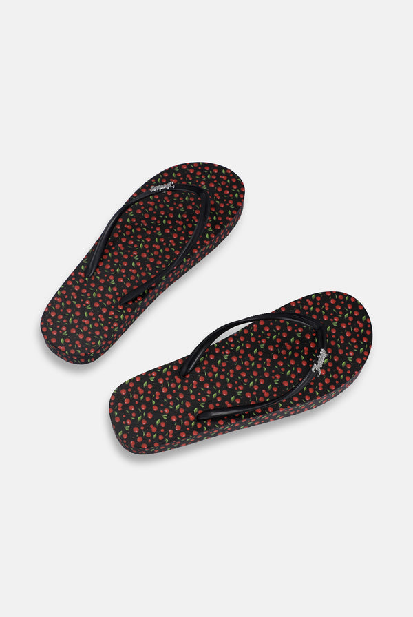 Displays a pair of the Black Cherry Print 'Juicy' branded platform flip flop