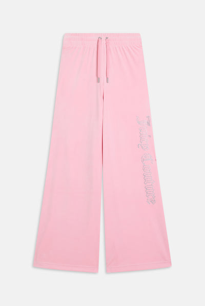 JUICY PINK OUTLINE DIAMANTÉ WIDE LEG VELOUR TRACK PANT