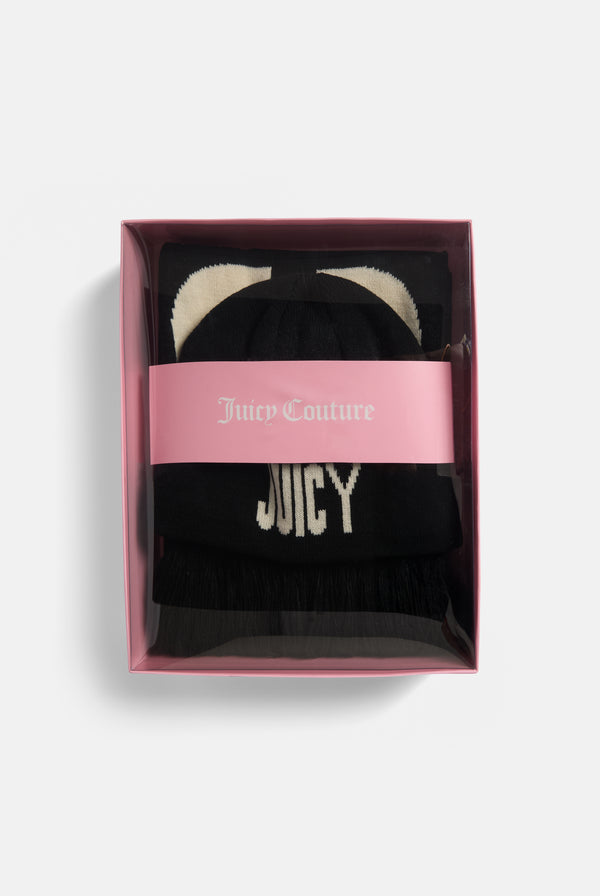 Displays the packaging for the 'Choose Juicy' knitted scarf/beanie set 