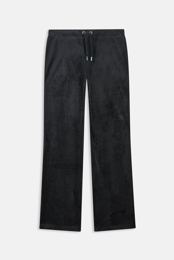 Displays the Black outline 'Juicy' branded diamanté classic velour low rise pant 