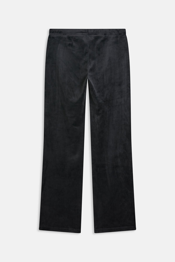 Displays the Black outline 'Juicy' branded diamanté classic velour low rise pant 