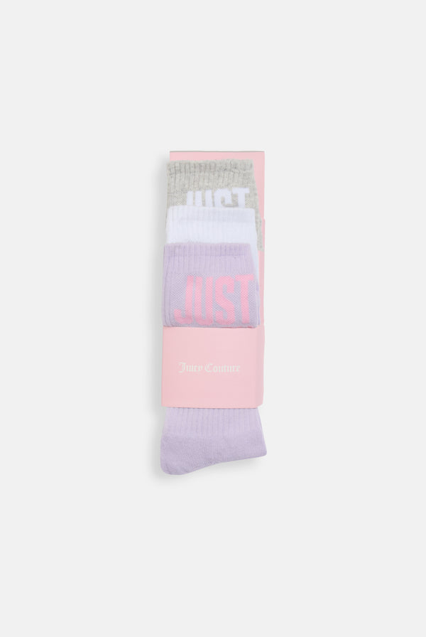 Displays the 3 pack 'Juicy' branded Just juicy crew socks 