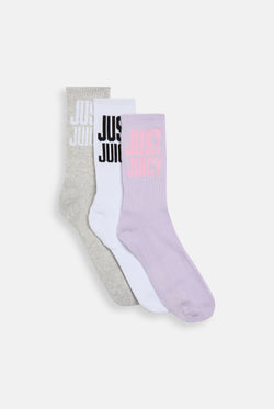 Displays the 3 pack 'Juicy' branded Just juicy crew socks 