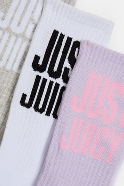Displays the 3 pack 'Juicy' branded Just juicy crew socks featuring the branding 