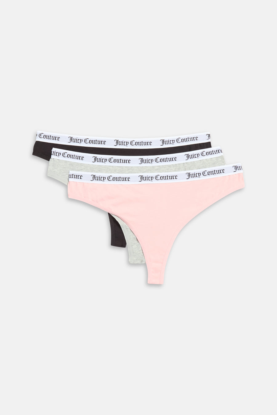 Displays all 3 of the grey, pink & black 'Juicy' branded Cotton Branded Waistband Thongs included in the Multi Pack 