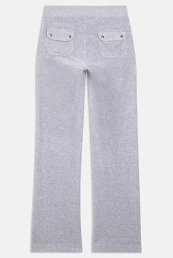 Flat-lay of the back of grey velour tracksuit bottoms, with two pockets the bottom with silver button detailing