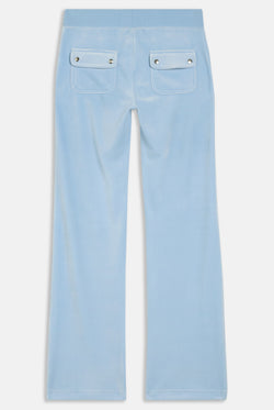 Displays the Powder blue classic 'Juicy' branded velour del ray pocketed bottoms 