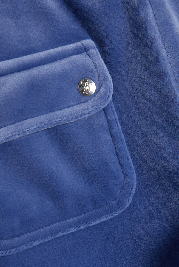 Displays the Grey Blue 'Juicy' branded classic velour del ray pocketed bottoms featuring the pockets  