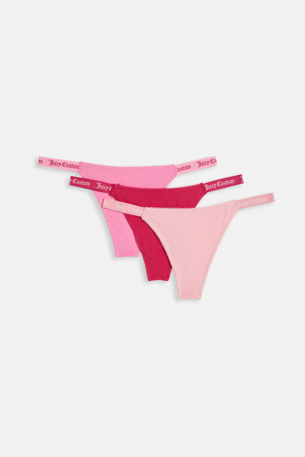 Displays the 3 Pack 'juicy' branded Cotton Scalloped Thongs