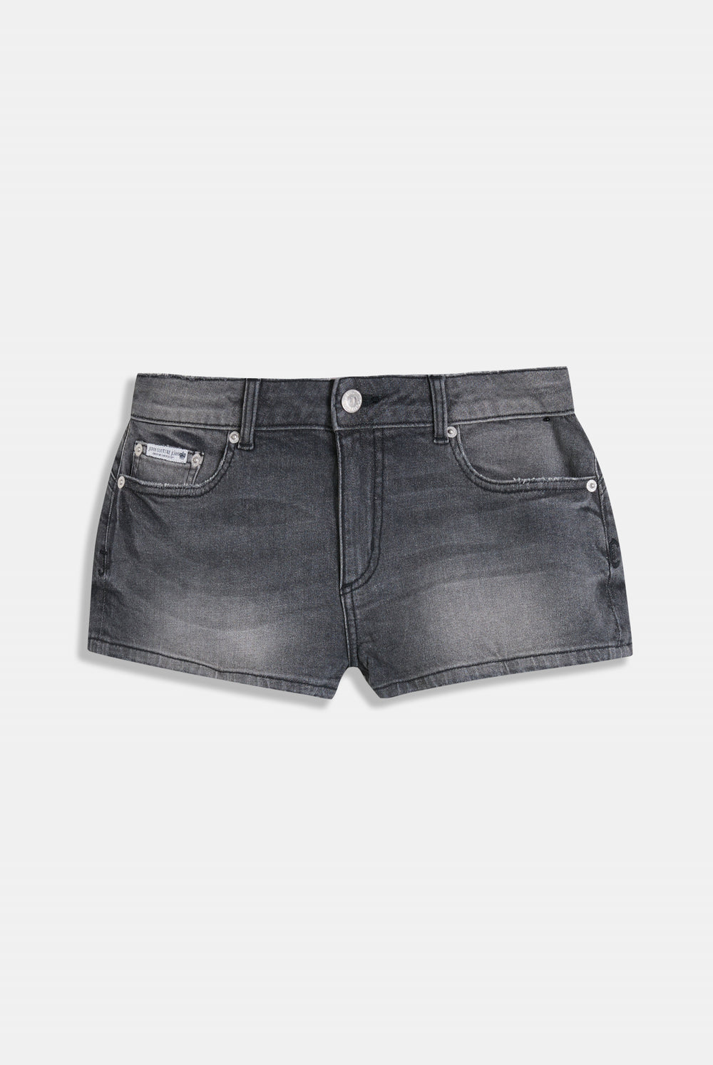 Displays the Washed Black 'Juicy' branded low rise denim booty shorts 