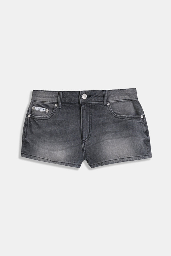 Displays the Washed Black 'Juicy' branded low rise denim booty shorts 