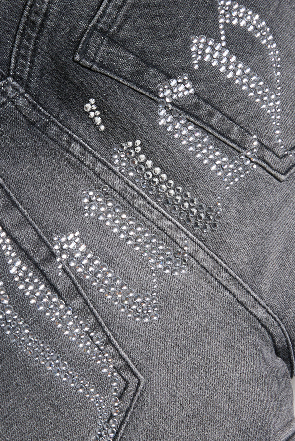 Displays the Washed Black 'Juicy' branded low rise denim booty shorts featuring the juicy branding 