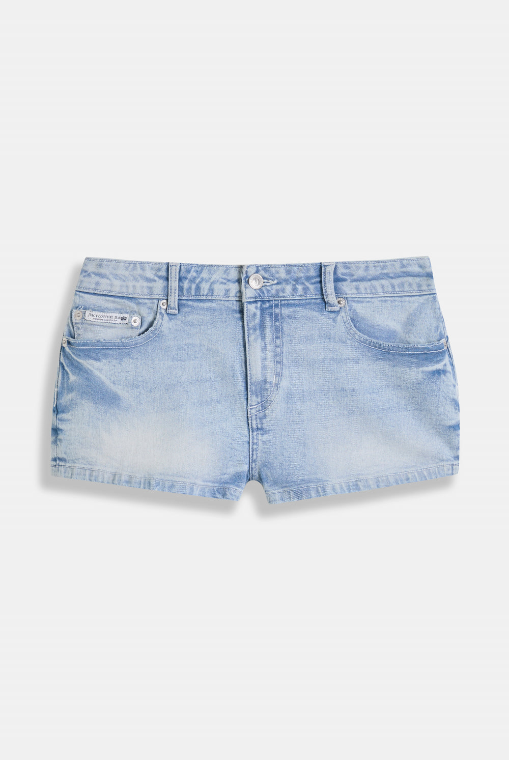Displays the Light Wash 'Juicy' low rise denim booty short 